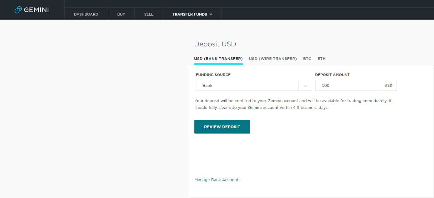 deposit onto gemini