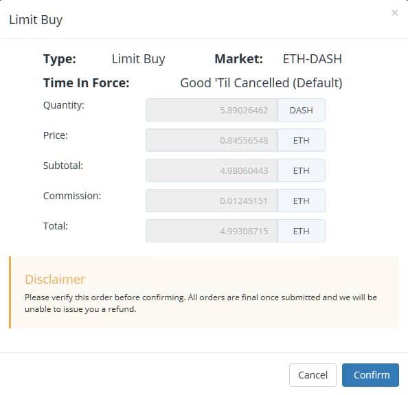 Confirm Buy on Bittrex