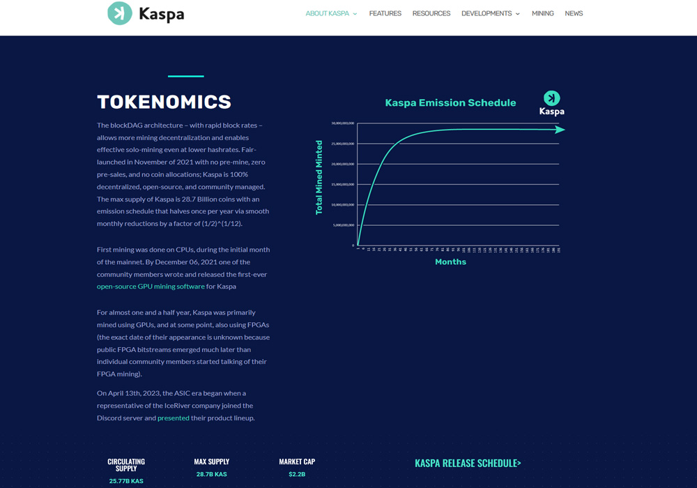 Kaspa's clear Tokenomics page