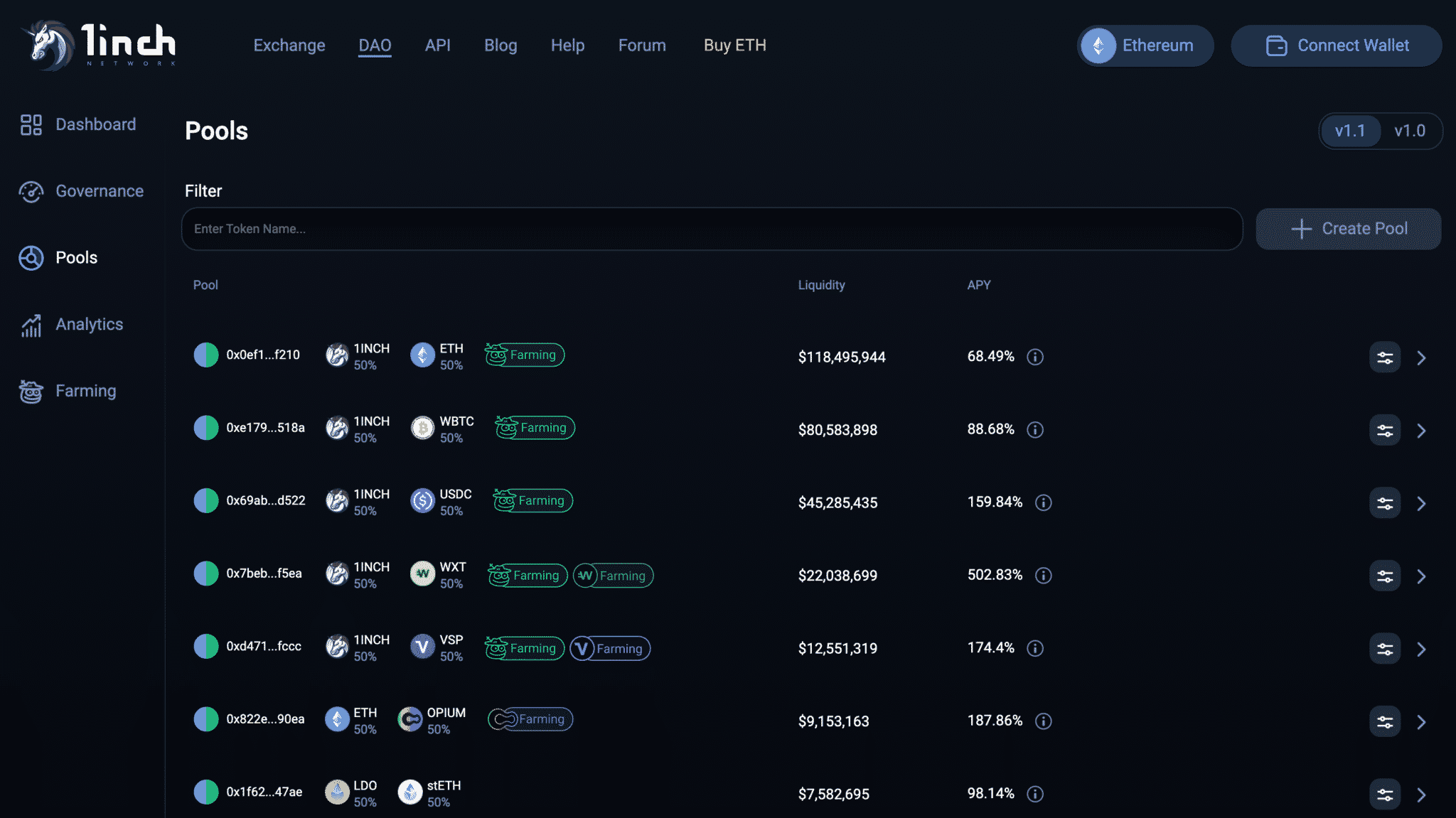 1inch's DeFi interface