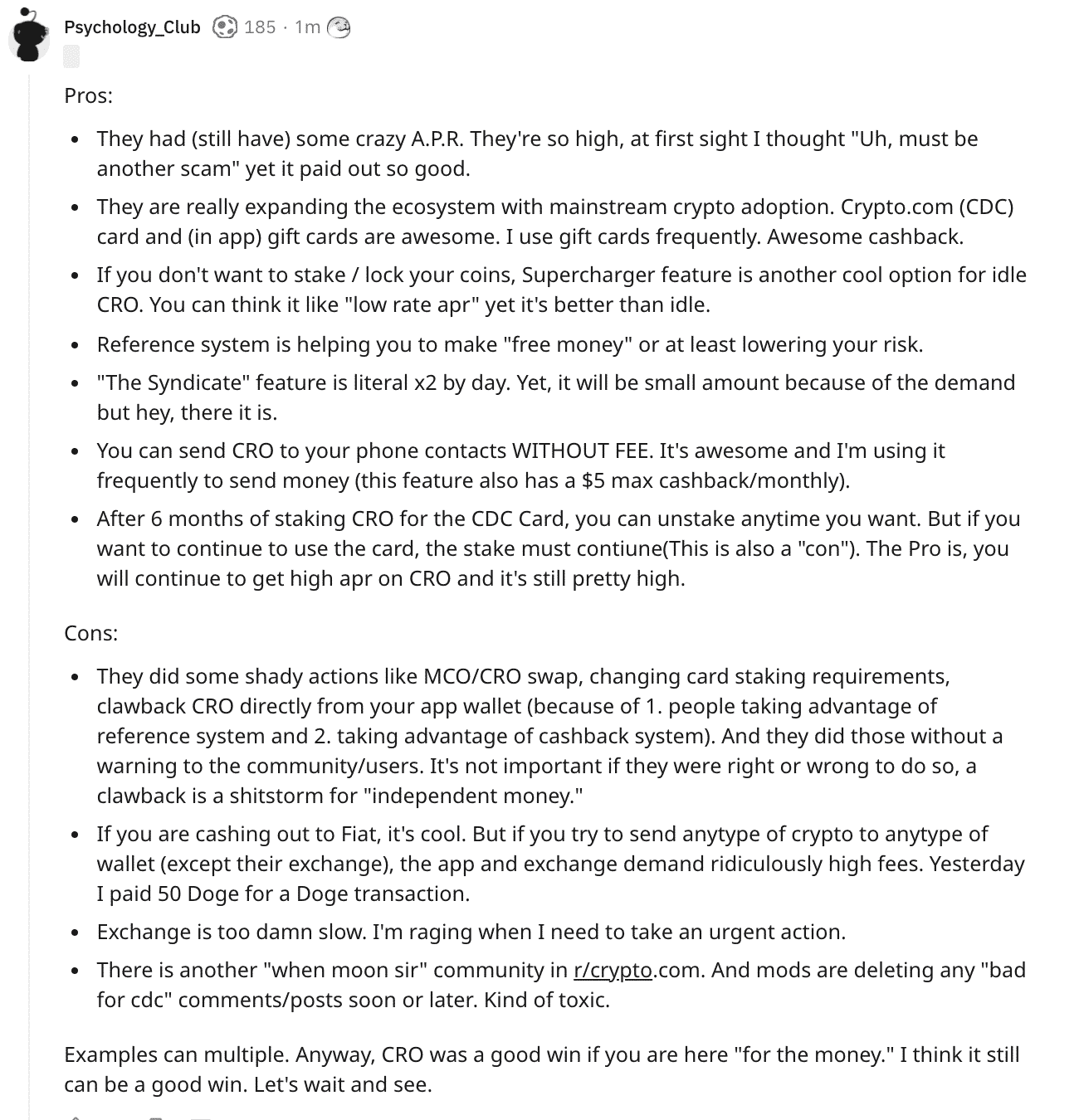 Crypto.com Reddit pros and cons